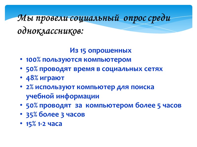 Мы провели социальный  опрос среди одноклассников:  Из 15 опрошенных  100% пользуются